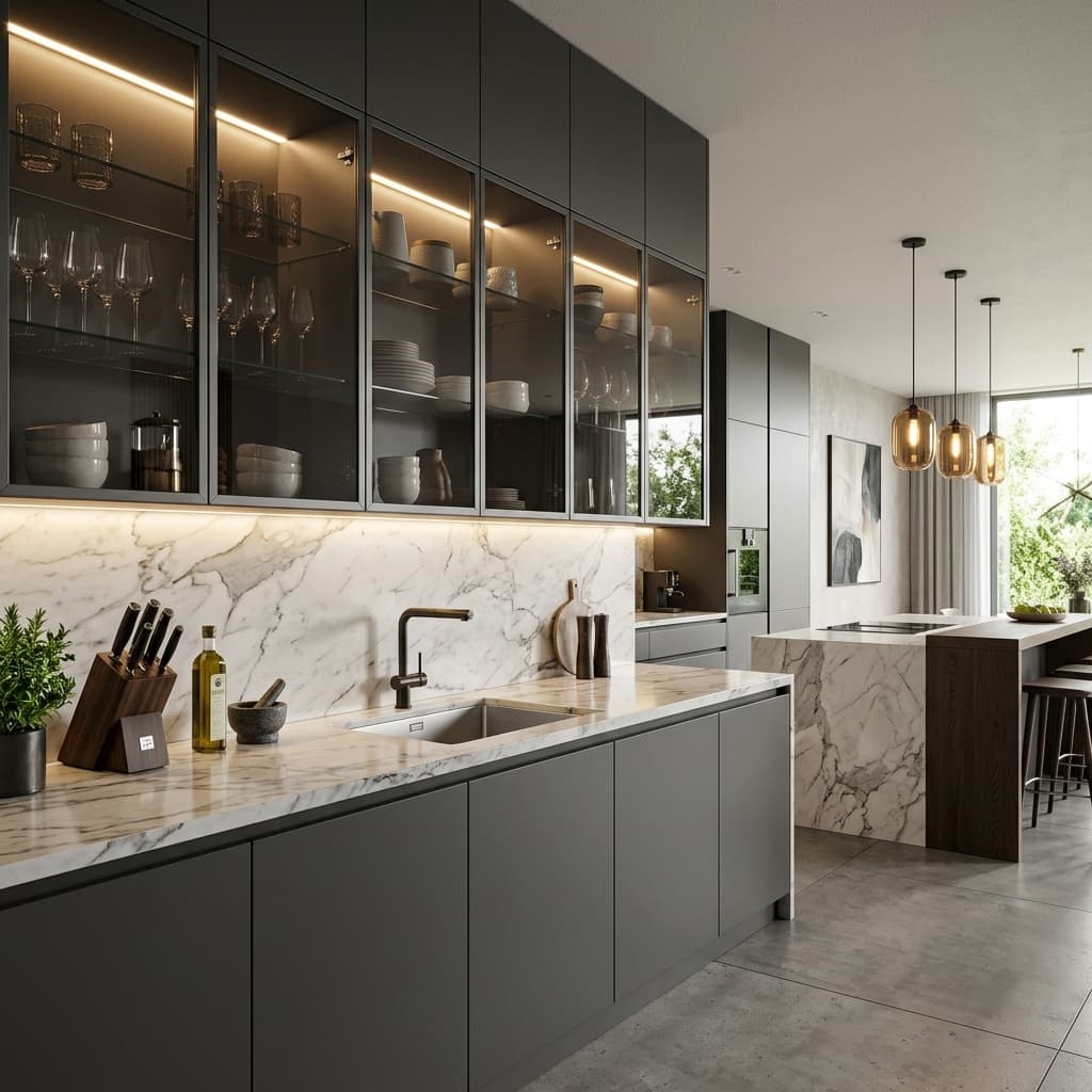 Mẫu tủ bếp cánh kính kết hợp đảo bếp