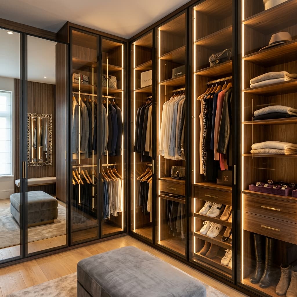 Mẫu tủ quần áo cánh kính khung nhôm có đèn LED