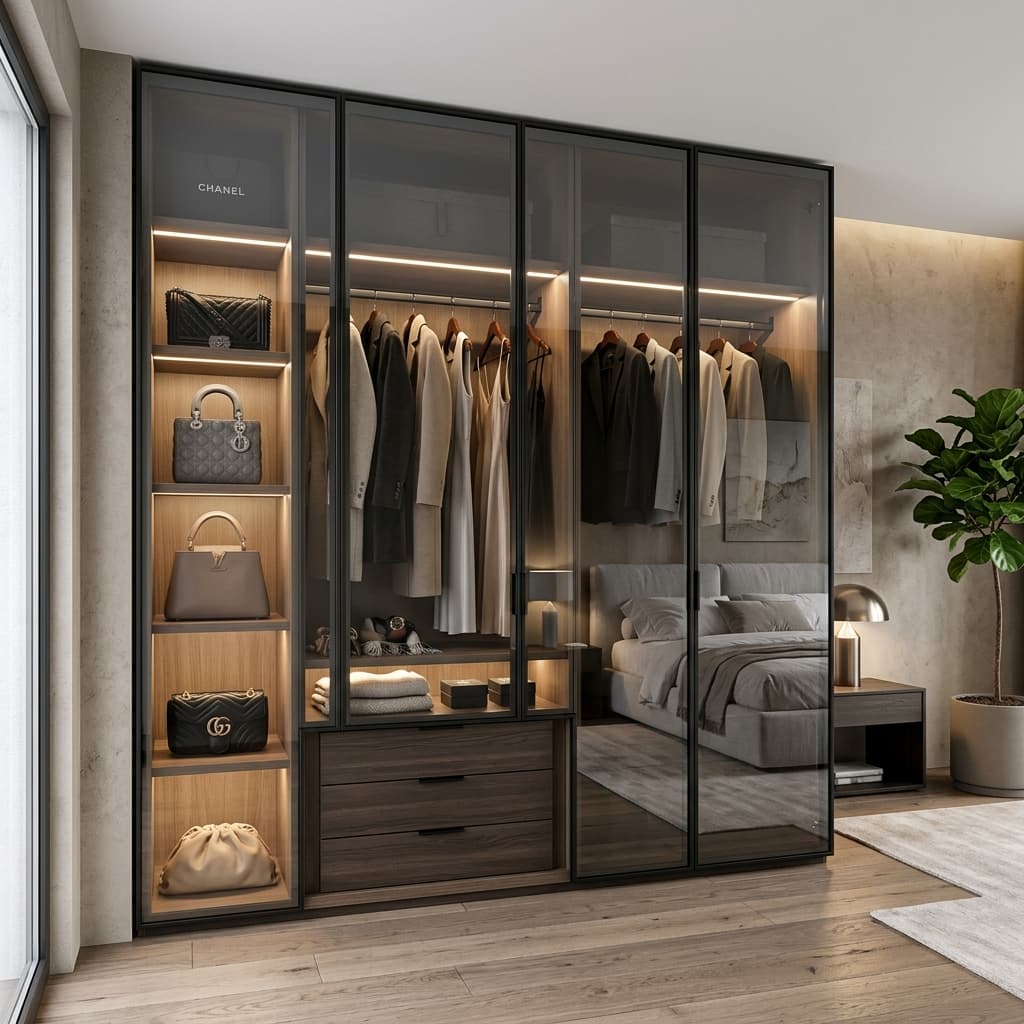 Mẫu tủ quần áo cánh kính kết hợp kệ trưng bày