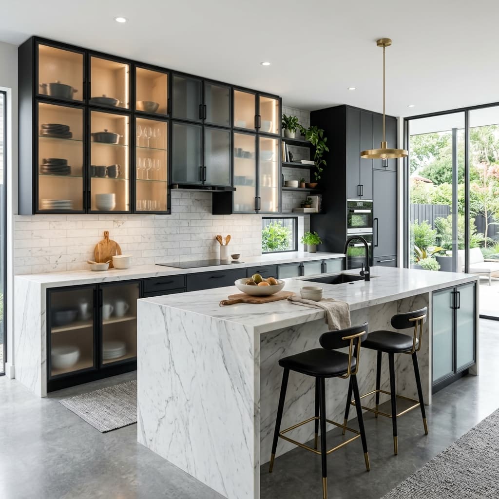 Tủ bếp nhôm hợp kim cánh kính sơn xám hiện đại
